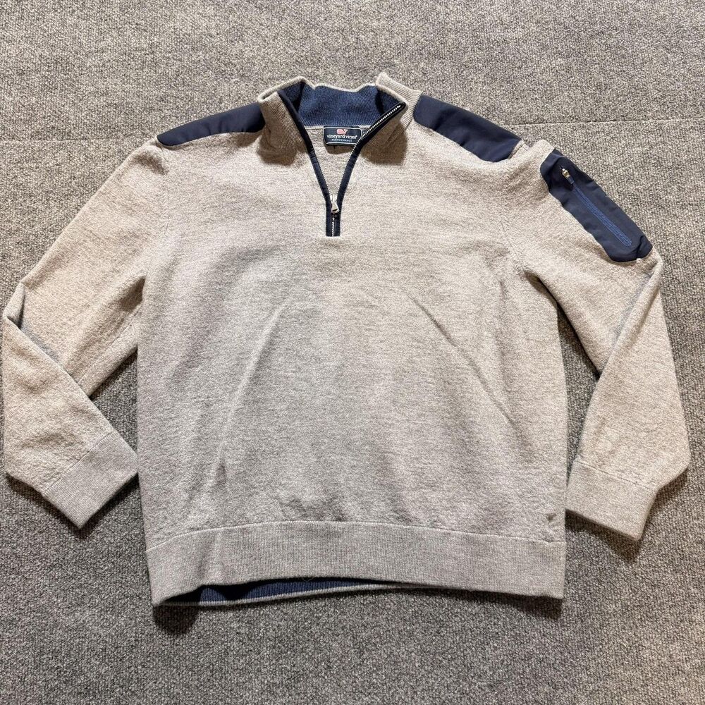 Vineyard Vines Sweater Mens 2XL Gray 1/4 Zip Mock Neck Shoulder Pocket